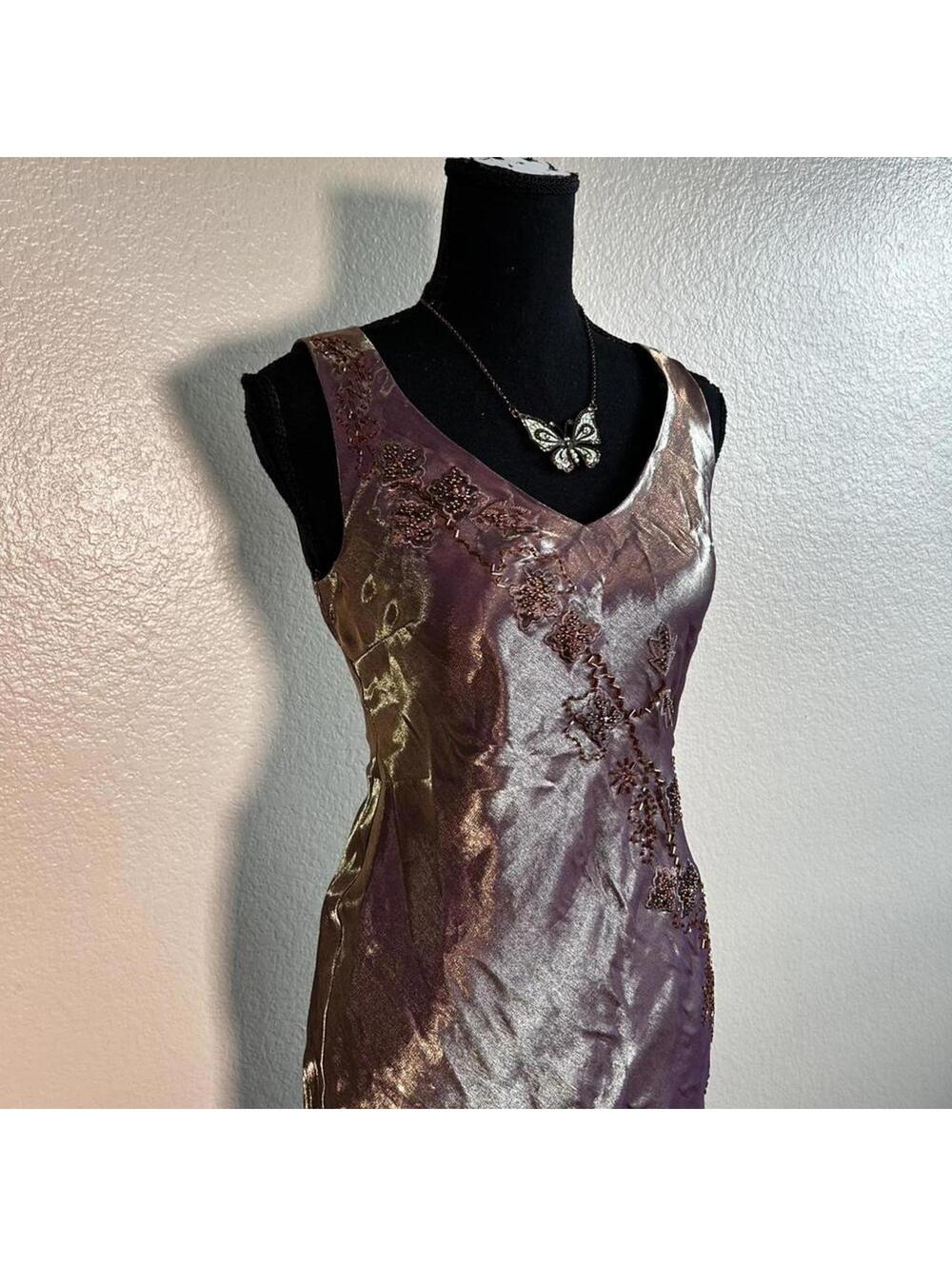 Alex Evenings Vintage Y2K Metallic Mauve Embroidered Beaded Fairy Maxi Gown